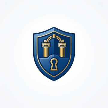 Blue shield logo featuring legal pillars and keyhole for secure protection and privacy