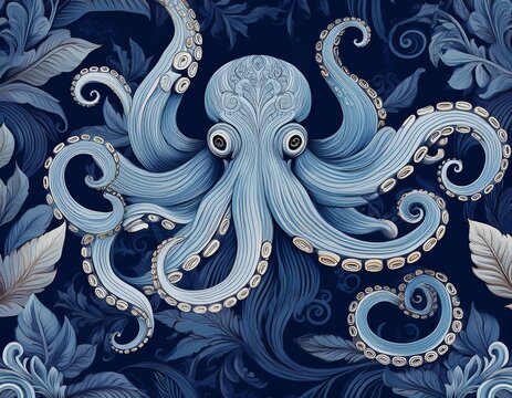 blue vintage octopus and baroque floral leaf seamless pattern for luxury textiles ocean themed wallpapers and sophisticated branding