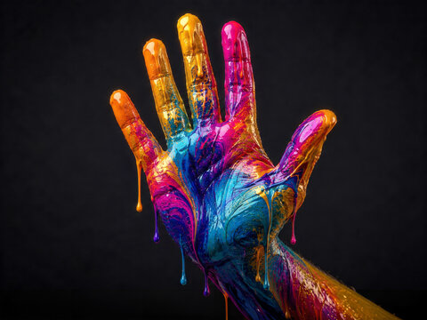 Colorful Painted Hand Showing Stop Gesture