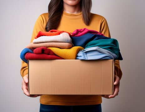 volunteer hands holding a clothes donation box filled with clothing items of all colors