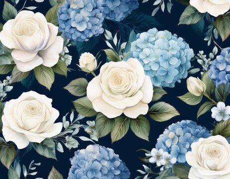 luxurious watercolor style seamless pattern of white roses and bold blue hydrangeas on a dark teal background for elegant textiles wallpapers or home decor
