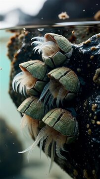 Macro underwater shot of barnacles filterfeeding with white cirri on a dark coastal rock, ideal for marine biology and intertidal ecosystem education