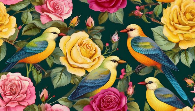 exotic repeating pattern of colorful songbirds among lush yellow and pink roses on a dark green background for design apparel and premium packaging
