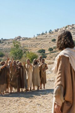 Ten lepers imploring Jesus from a distance in a peaceful ancient Near Eastern setting, filled with hope for healing.