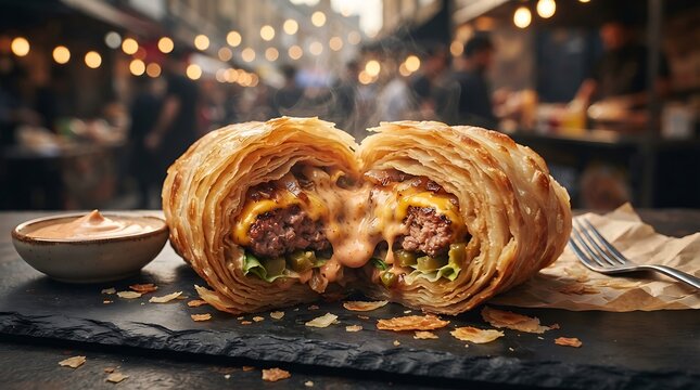 Gourmet croissant burger with melted cheese and juicy beef patty served on a black slate platter at a vibrant night street food market with bokeh background