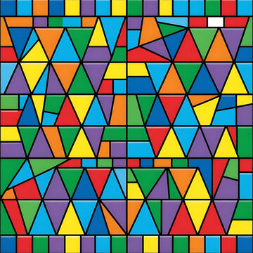 Vibrant geometric triangle mosaic pattern in bold rainbow colors. Abstract seamless vector background with modern optical illusion design.