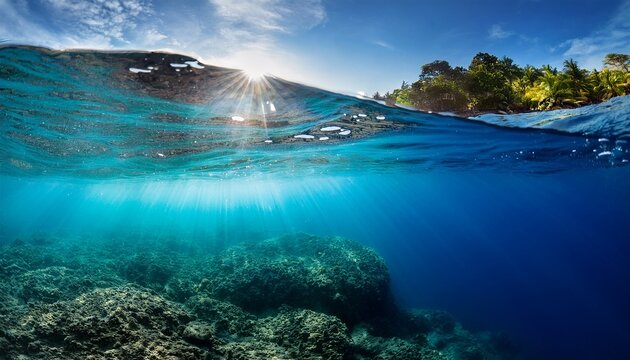 split view of the ocean surface and underwater with sunlight shining through the water
