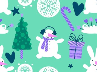 Fototapeta premium Christmas cartoon ice seamless snowman pattern for wrapping paper and fabrics