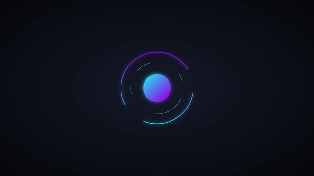 Neon glowing circle loading animation with rotating orbital rings, minimalist tech interface for digital user experience and ui 4k