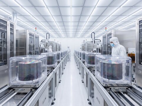 Semiconductor wafer production cleanroom with stacked wafers and technician in protective suit for manufacturing background and industrial design