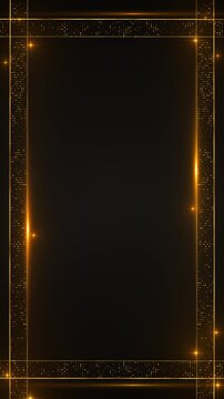A refined amber frame combines radiant edges, patterned dot panels, and subtle flares around empty dark center. wedding titles, anniversary videos, prestige ads, certificates, stage graphics.