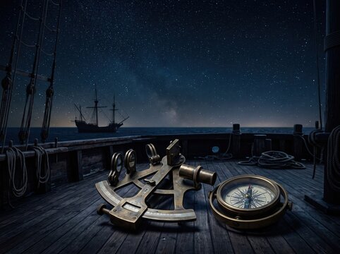 Vintage sextant and brass compass on a wooden ship deck at night under a starry sky for nautical background and maritime poster design