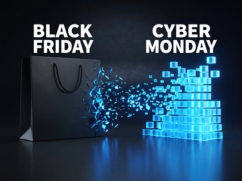 Black friday to cyber monday shopping transformation background with breaking bag into digital blocks for banner and online promotion design
