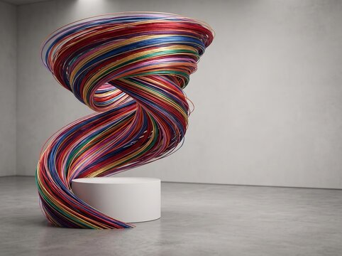 Colorful silk thread sculpture on pedestal for abstract background and modern gallery display design