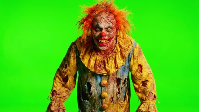 Scary clown walking on a green screen background. Creepy circus performer in costume.