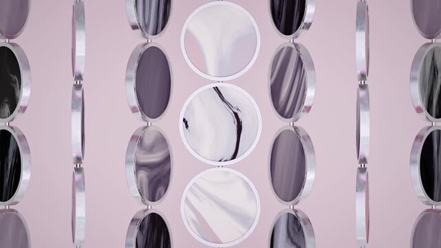 Black And Pink Marble Circles In Silver Frame Rotating, Looped 3D Render