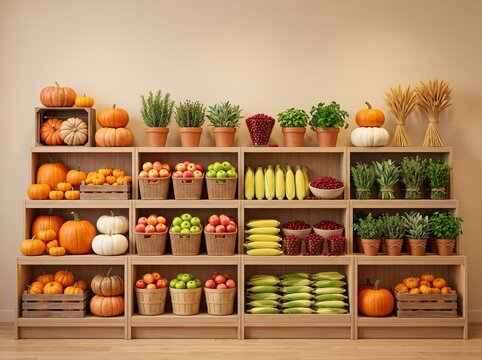 Grocery store produce display with pumpkins apples corn bananas and potted herbs for thanksgiving market campaign backdrop