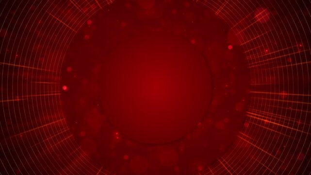 Deep red circular tunnel features concentric golden lines, radial streaks, floating bokeh, smooth center panel. Perfect for festive intros, dramatic titles, countdowns, logo reveals, 3D animations.