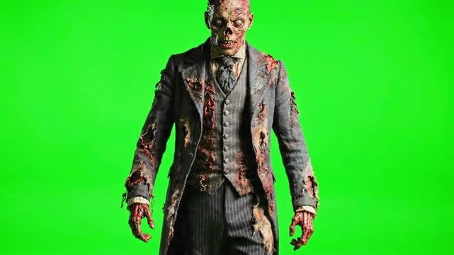 Scary zombie in suit walking. Undead monster on a green screen background