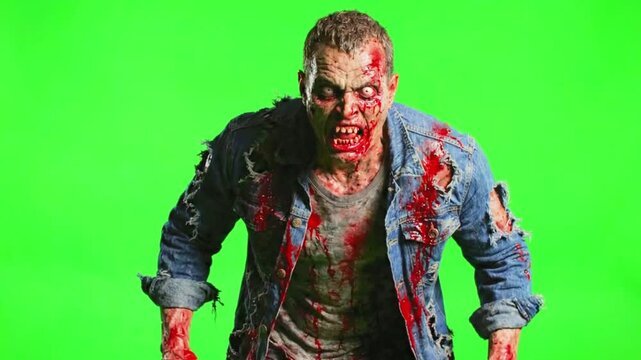Scary zombie running on a green screen background. Undead monster chasing on green screen.