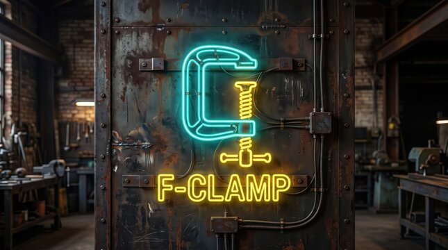 Industrial neon F-clamp sign on rusty metal wall, glowing workshop tool icon in vintage garage, cyan and yellow neon light for carpentry and metalwork
