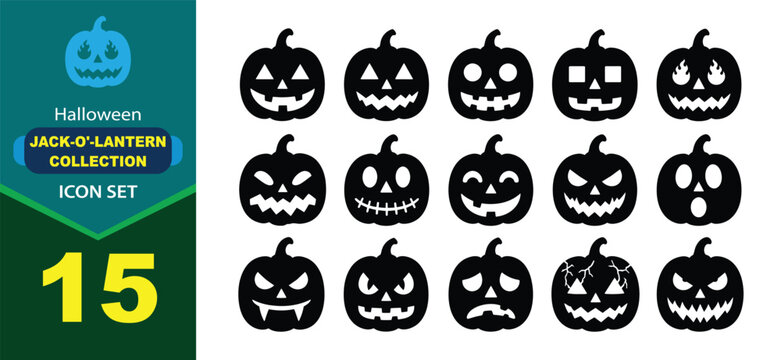 A comprehensive halloween pumkin vector bundle featuring fifteen unique hand drawn spooky jack o lantern faces for festive holiday designs