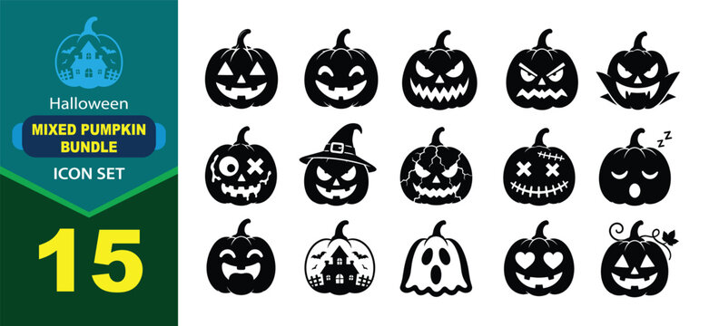 A collection of fifteen spooky jack o lantern designs in this halloween pumkin vector bundle for holiday graphic projects