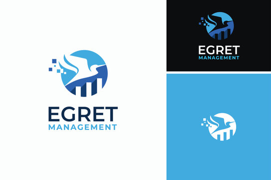 Flying Egret Stork Silhouette with Data Dots and Market Diagram Chart Statistic Bars logo design