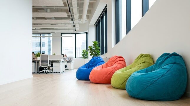 Colorful bean bag chairs in a modern office lounge area, low angle view, bright daylight, blurred background for creative workspace