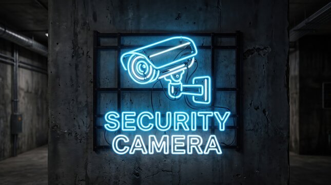Neon security camera sign on concrete wall, glowing blue surveillance icon in dark urban setting, modern electronic monitoring and protection concept