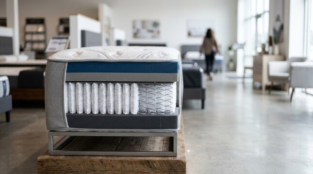 Cutaway mattress sample in bright modern showroom revealing inner layers, springs, and padding with bokeh backdrop and copy space