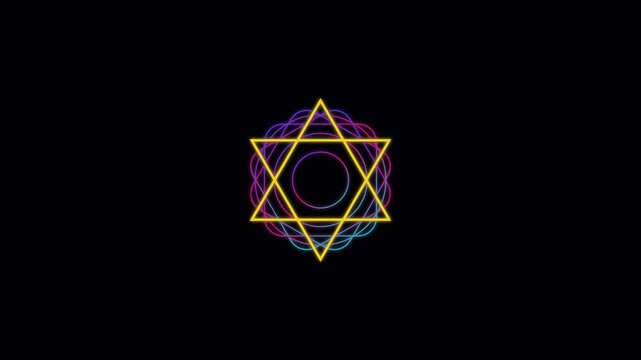 Neon star of david mandala animation: glowing geometric spiritual 4k background, magen david
