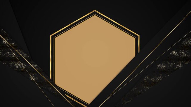 A gold hexagonal badge rises from black panels with dotted side textures and sharp metallic accents. premium logos, award titles, corporate branding, product reveals, and elegant video intros.