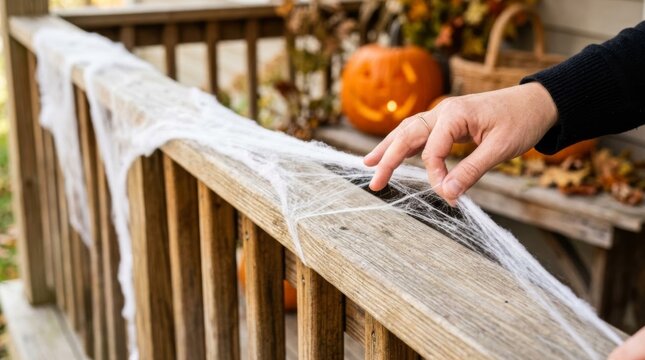 Hand decorating porch railing with stretchable cotton cobwebs for Halloween, creating spooky texture with copy space