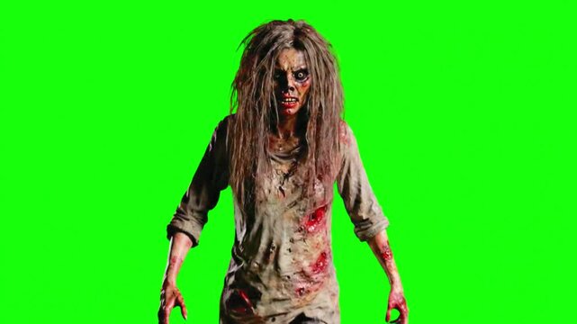 Scary zombie woman walking on a green screen background. Undead monster on green screen background
