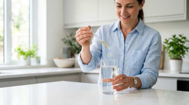 Woman adding vitamin D3 drops to water in a bright kitchen, promoting health and wellness with clean, modern lifestyle imagery