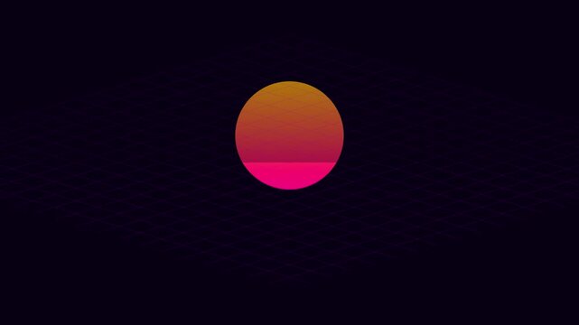 Retro synthwave sun over isometric grid background: 80s vaporwave aesthetic motion animation 4k