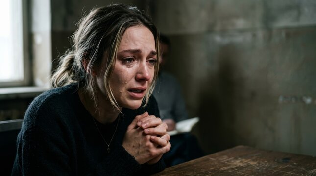 Emotional young woman crying during an interview or interrogation, showing distress and sadness