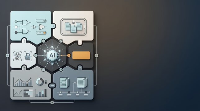 Artificial intelligence cybersecurity diagram featuring interconnected nodes, biometric authentication, and data analytics modules on dark background.