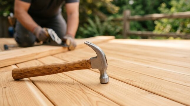 Hammer on new cedar deck, craftsman finishing outdoor patio construction with copy space