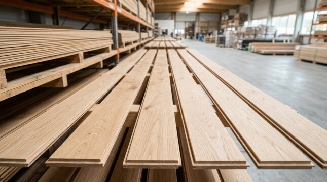Pale oak wood planks arranged in rows extending into a warehouse, highlighting wood grain and texture for design backgrounds.