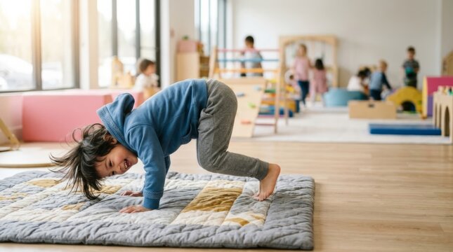 Joyful child landing a somersault on a mat in a bright, modern play area with other kids playing