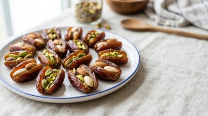 Fototapeta premium Dates stuffed with almonds and pistachios on a dessert platter, a healthy sweet snack.
