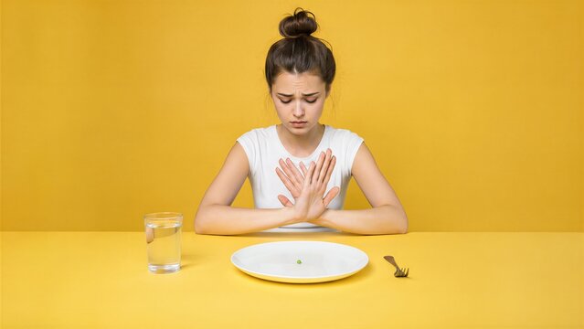 Sad woman refusing to eat single pea on white plate. Concept of eating disorder and avoidant restrictive food intake. Mental health issue and poor nutrition challenge in studio.