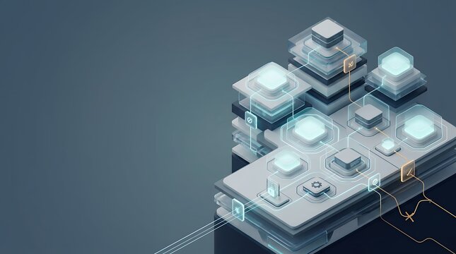 Isometric data security and artificial intelligence architecture concept featuring glowing digital nodes, encrypted database blocks and server structures.