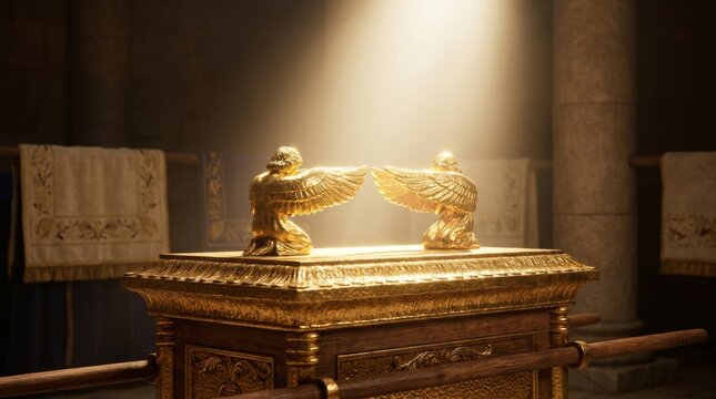 Golden Ark of the Covenant with cherubim. Religious symbol of ancient biblical history. Sacred artifact with two angels.
