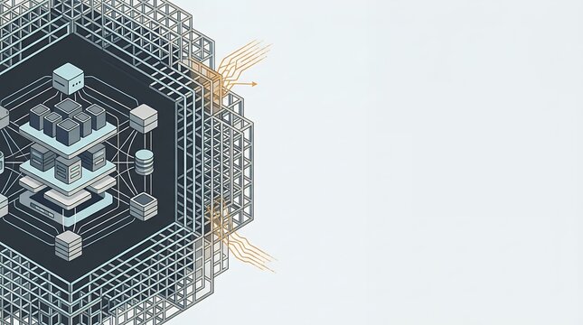 Isometric illustration of a futuristic quantum computing processor with secure servers, data nodes, and orange circuit pathways on a clean background.