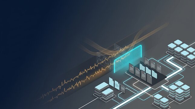 Isometric illustration of artificial intelligence and cybersecurity networks featuring glowing digital nodes, data servers, and dynamic wave graphs.