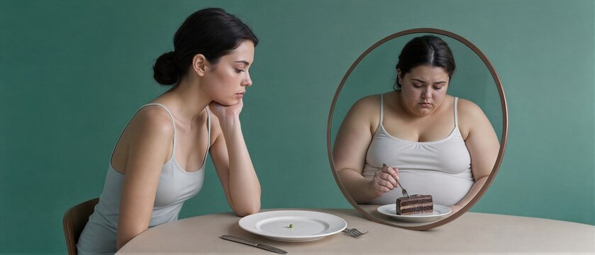 Woman looking at her distorted mirror reflection. Mental health concept depicting body dysmorphia and eating disorder. Banner with copy space