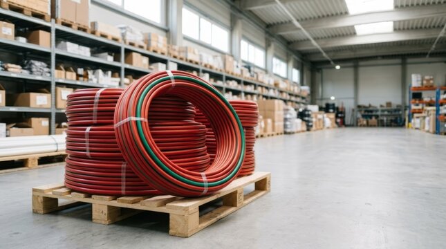 Red cross-linked polyethylene pipes with green accent stripe stacked on wooden pallet in bright warehouse, copy space
